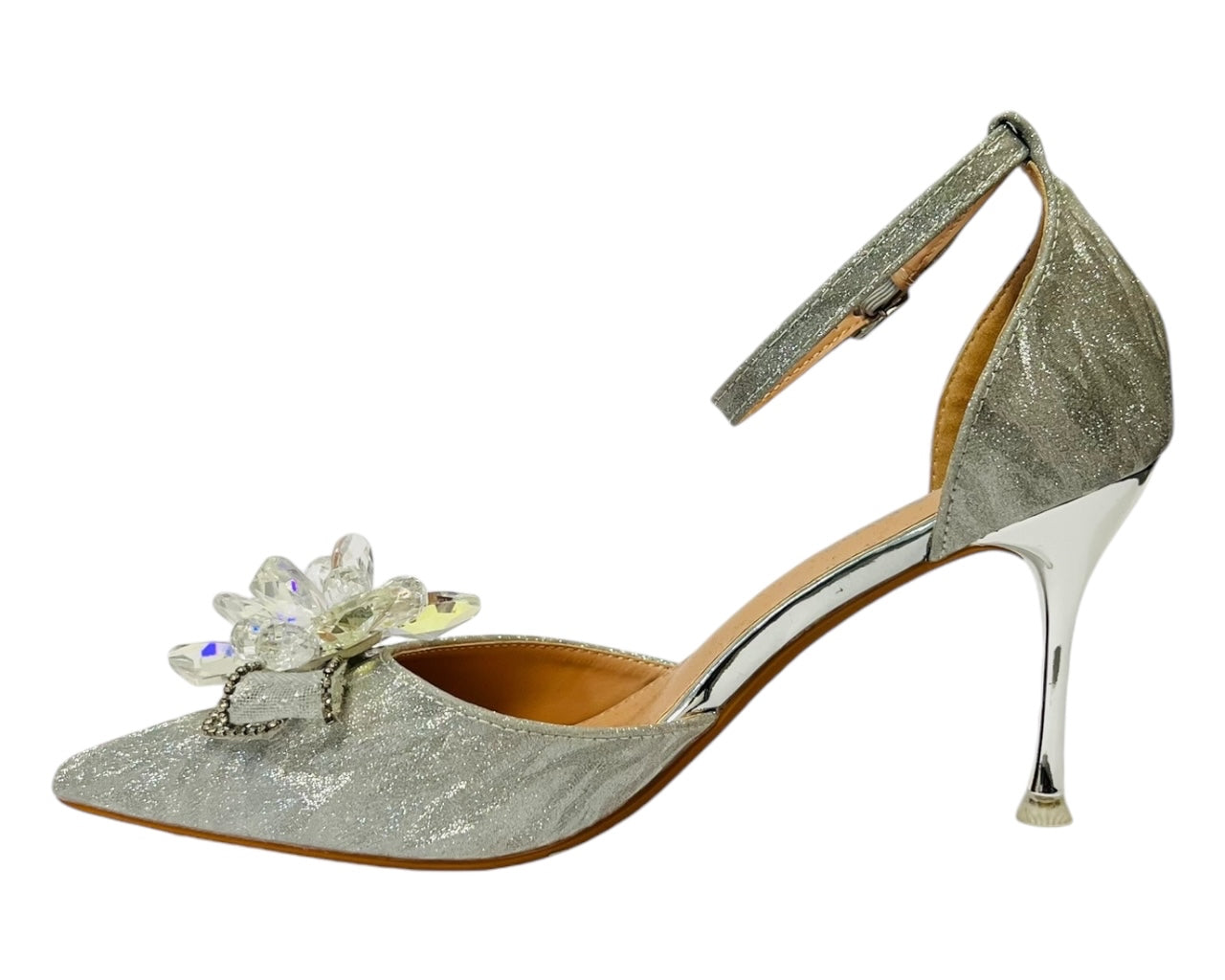 Ankle Strap Diamante Flower Open Court Shoes