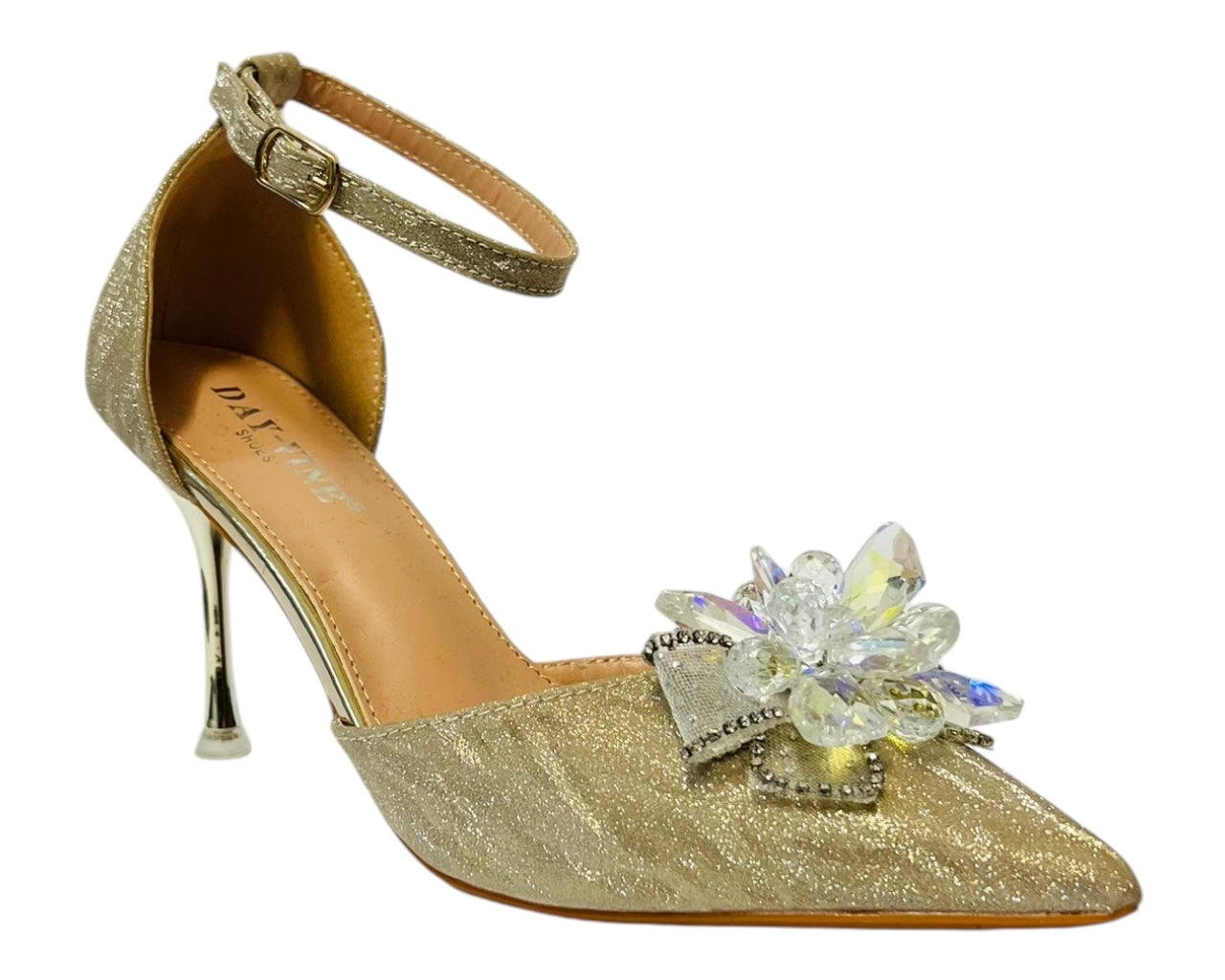 Ankle Strap Diamante Flower Open Court Shoes