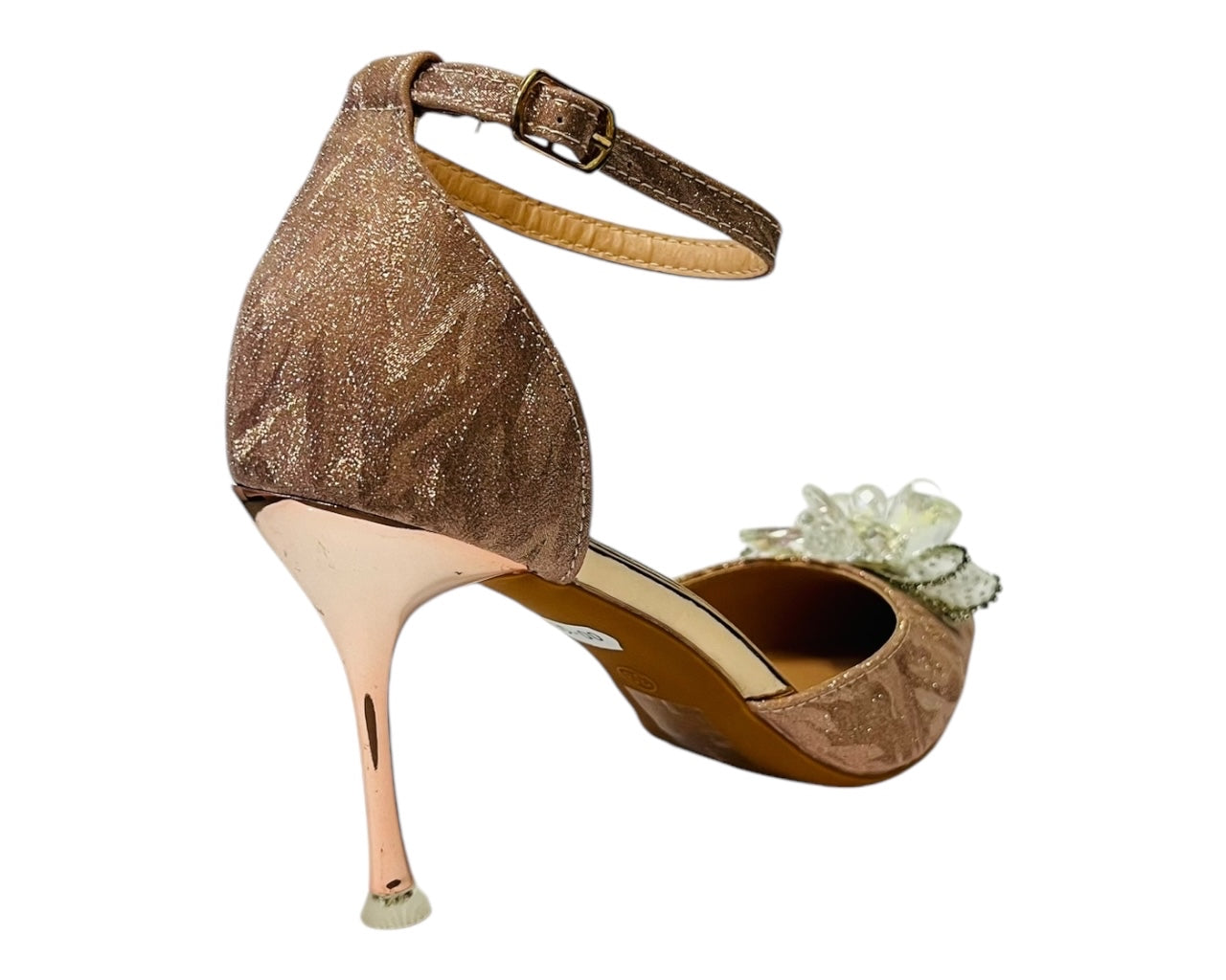 Ankle Strap Diamante Flower Open Court Shoes