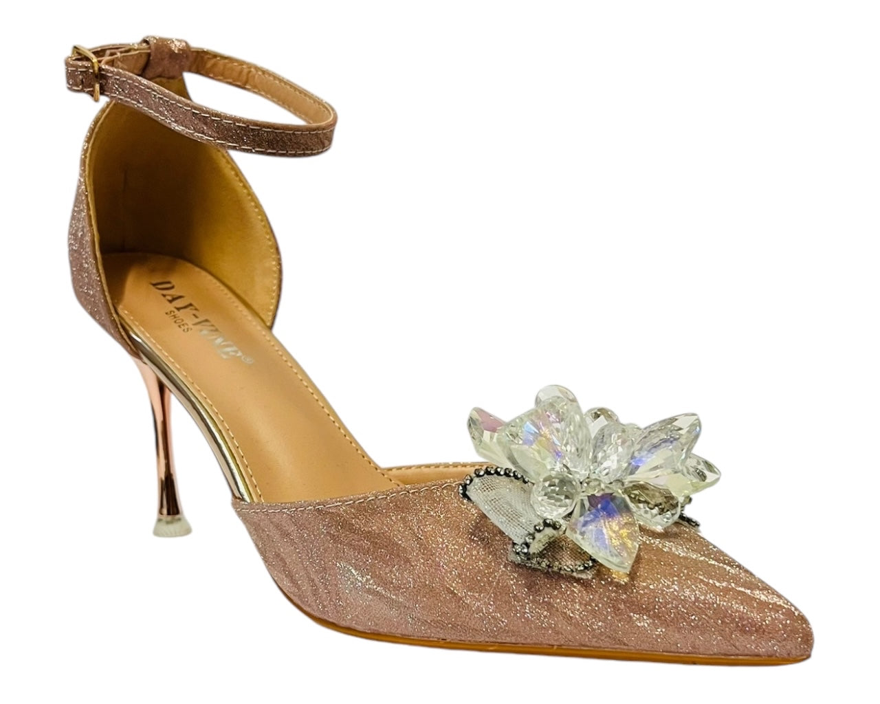 Ankle Strap Diamante Flower Open Court Shoes