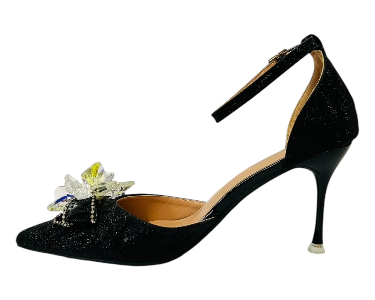 Ankle Strap Diamante Flower Open Court Shoes