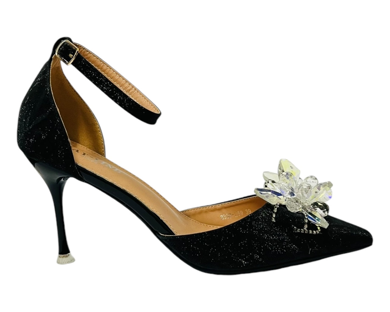 Ankle Strap Diamante Flower Open Court Shoes