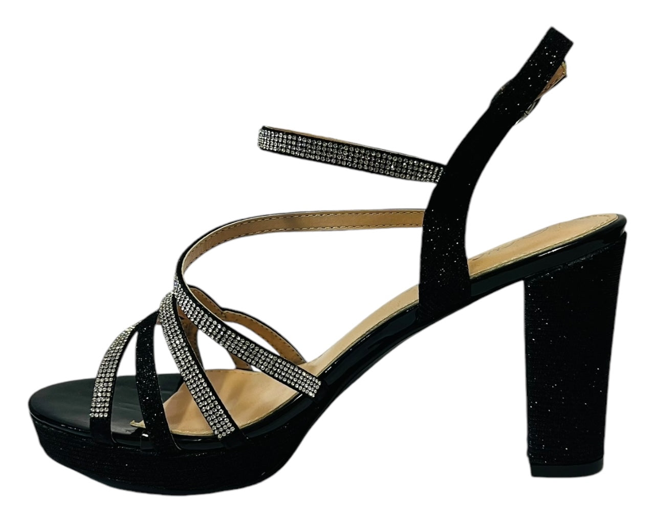 Ankle Strap Diamante Glitter Block Heel Shoes