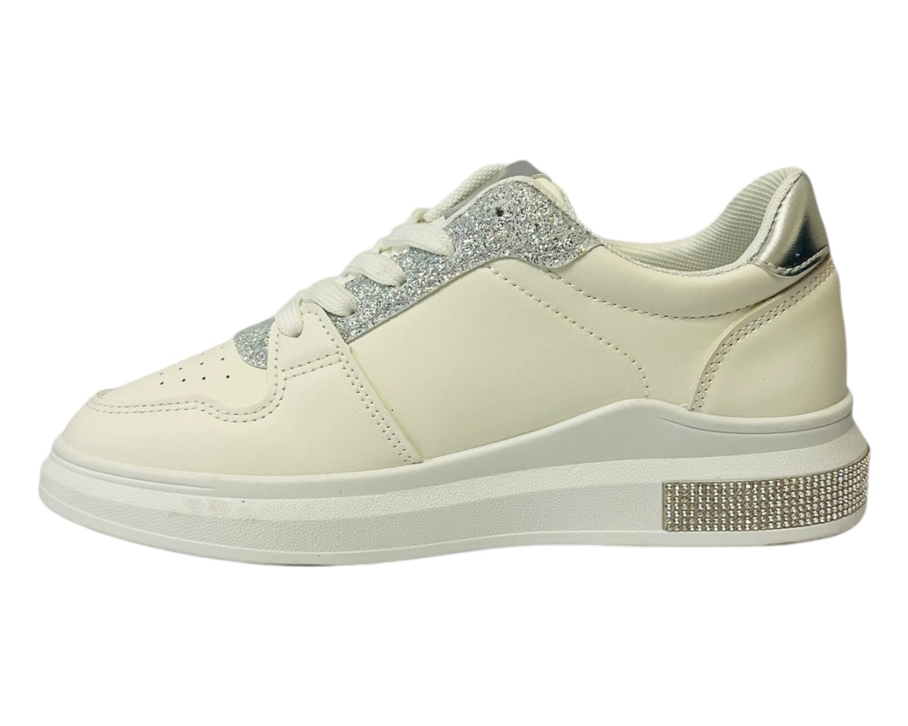 Women's  Leather Laser Cut Lace Up Trainers With Rhinestone Details