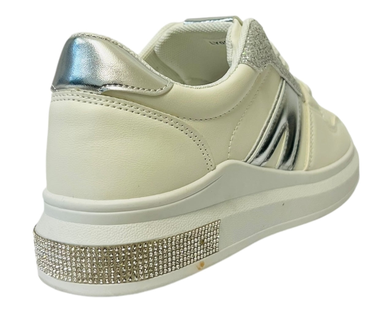 Women's  Leather Laser Cut Lace Up Trainers With Rhinestone Details