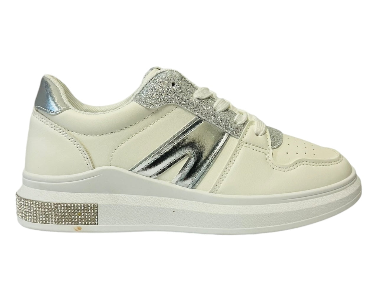 Women's  Leather Laser Cut Lace Up Trainers With Rhinestone Details
