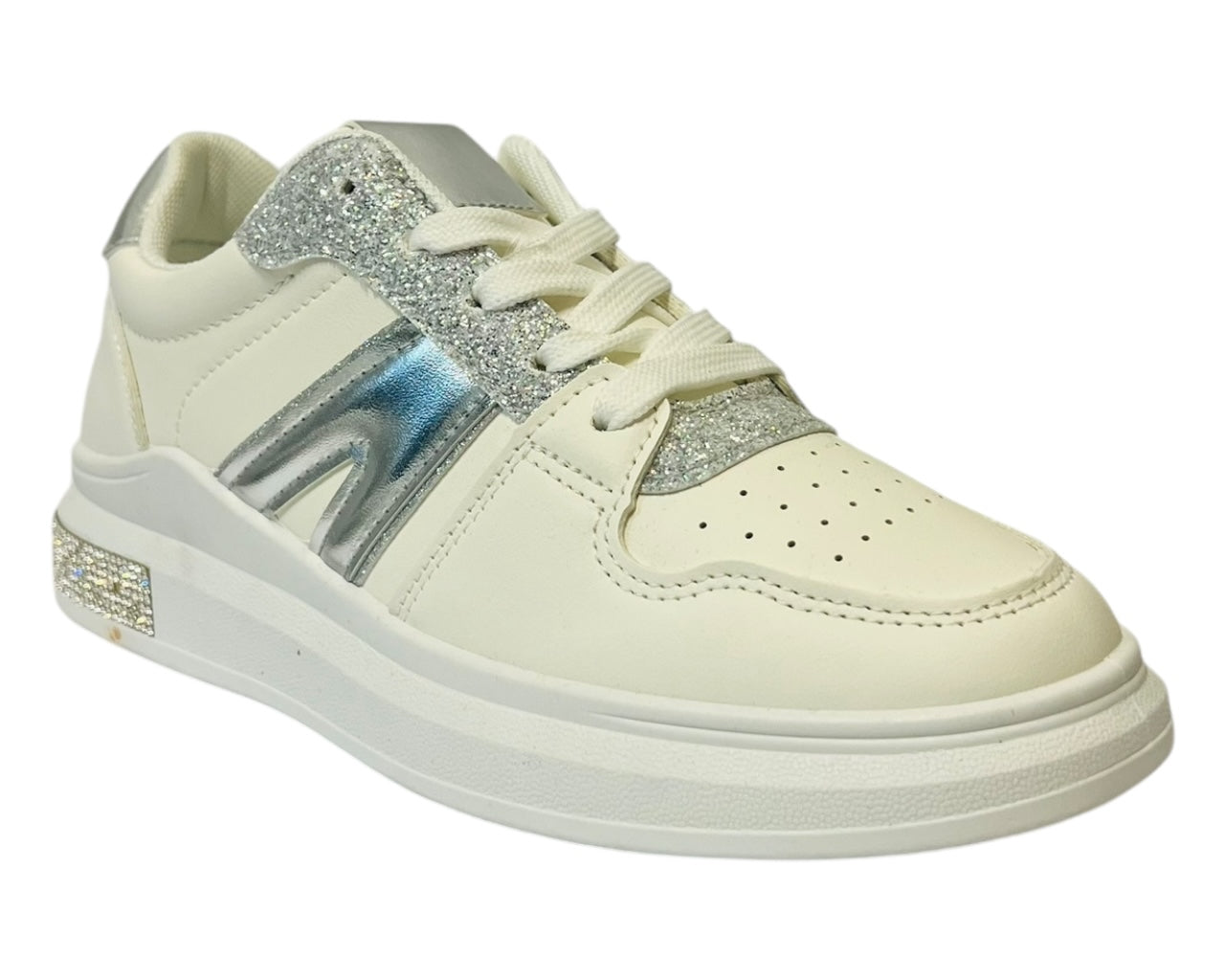 Women's  Leather Laser Cut Lace Up Trainers With Rhinestone Details