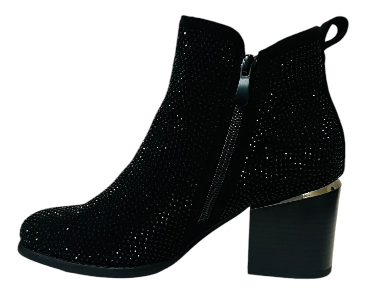 Women's Block Heel Rhinestone Zip Ankle Boots Black