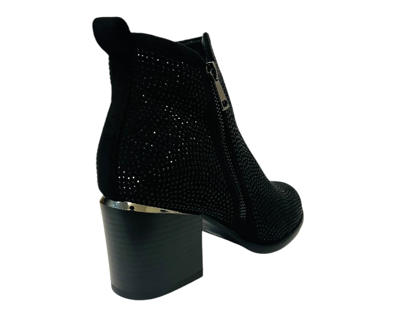 Women's Block Heel Rhinestone Zip Ankle Boots Black