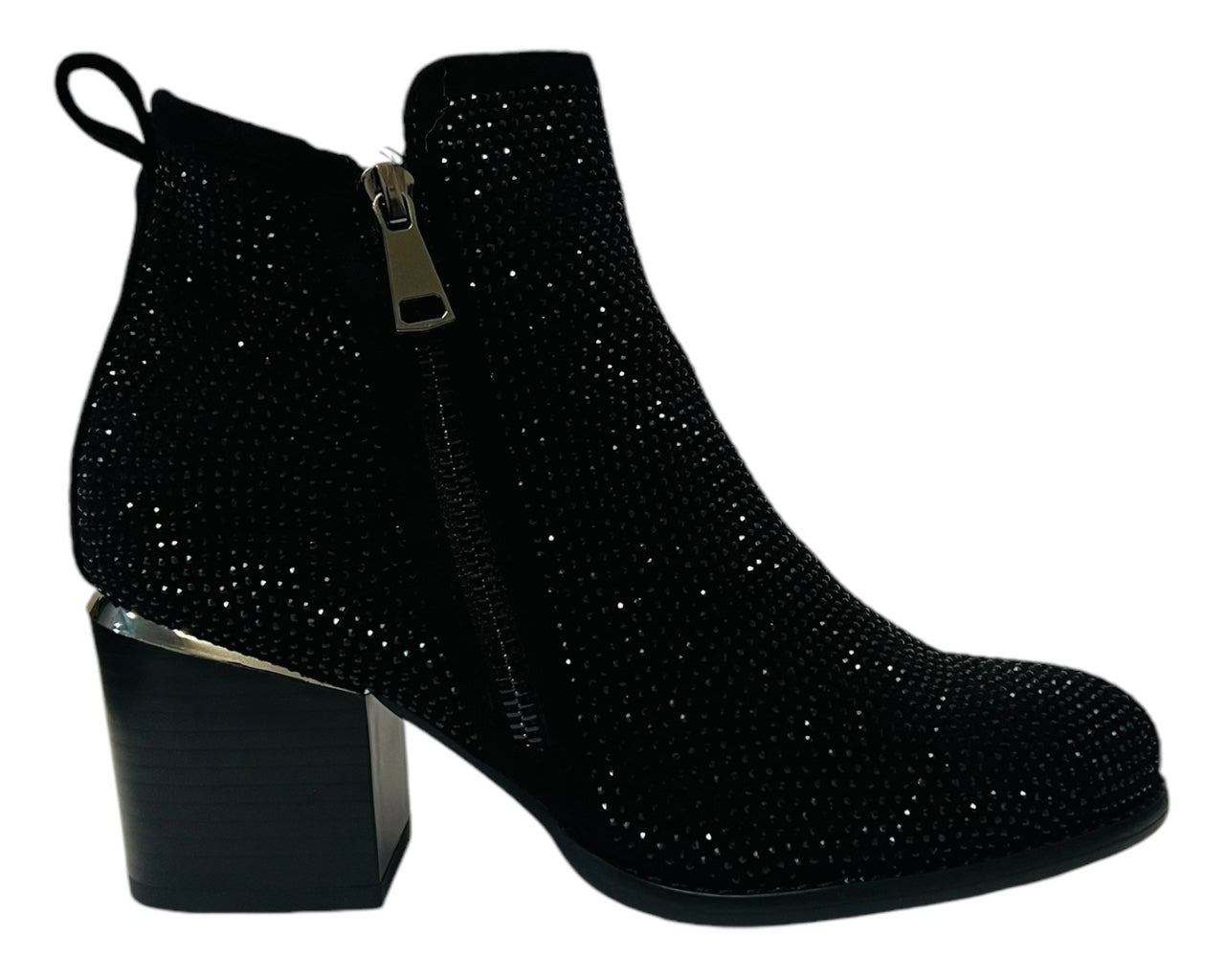 Women's Block Heel Rhinestone Zip Ankle Boots Black