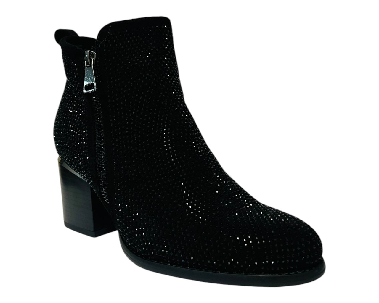 Women's Block Heel Rhinestone Zip Ankle Boots Black