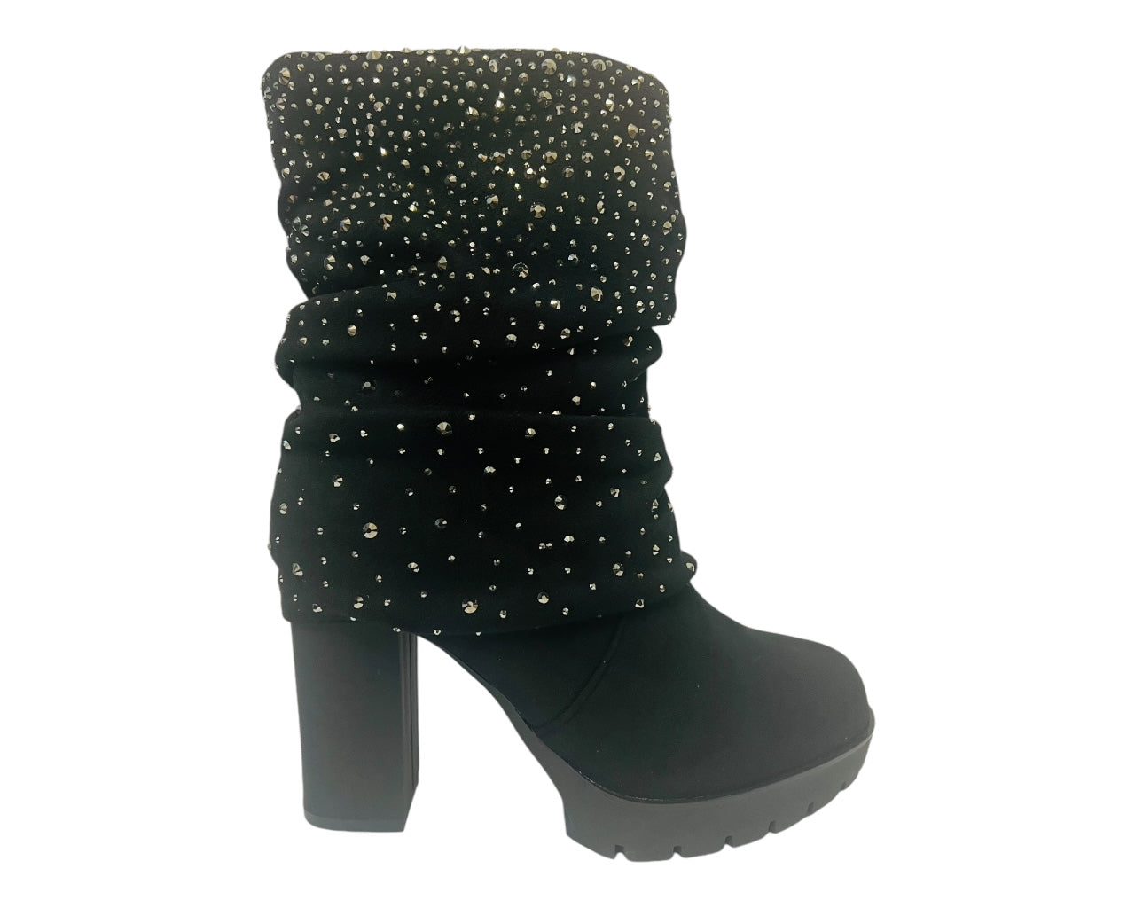 Women's Block Heels Zip Diamante Ankle Boots Black
