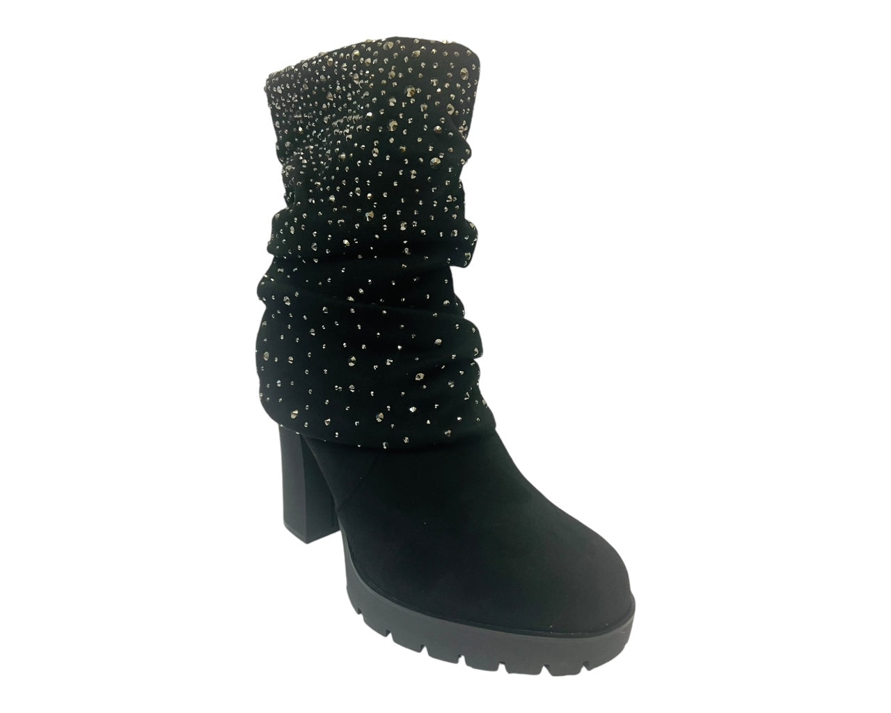 Women's Block Heels Zip Diamante Ankle Boots Black