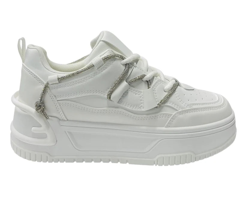 Platform Faux Leather Diamante Lace Up Trainers