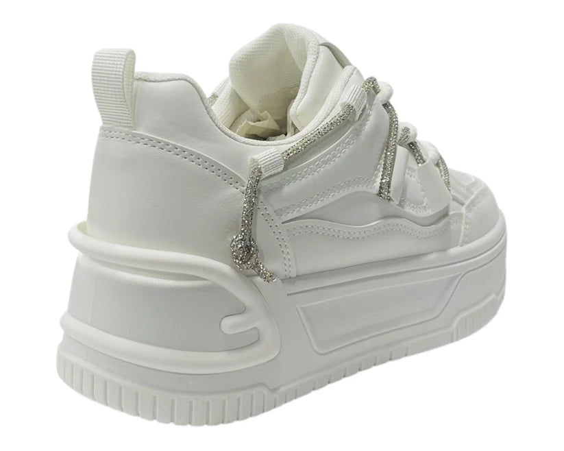 Platform Faux Leather Diamante Lace Up Trainers