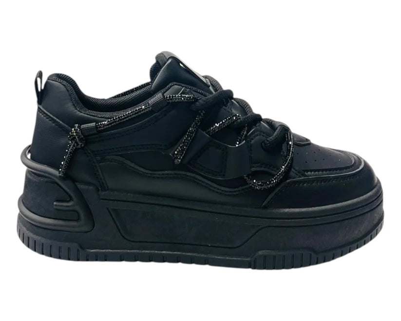 Platform Faux Leather Diamante Lace Up Trainers
