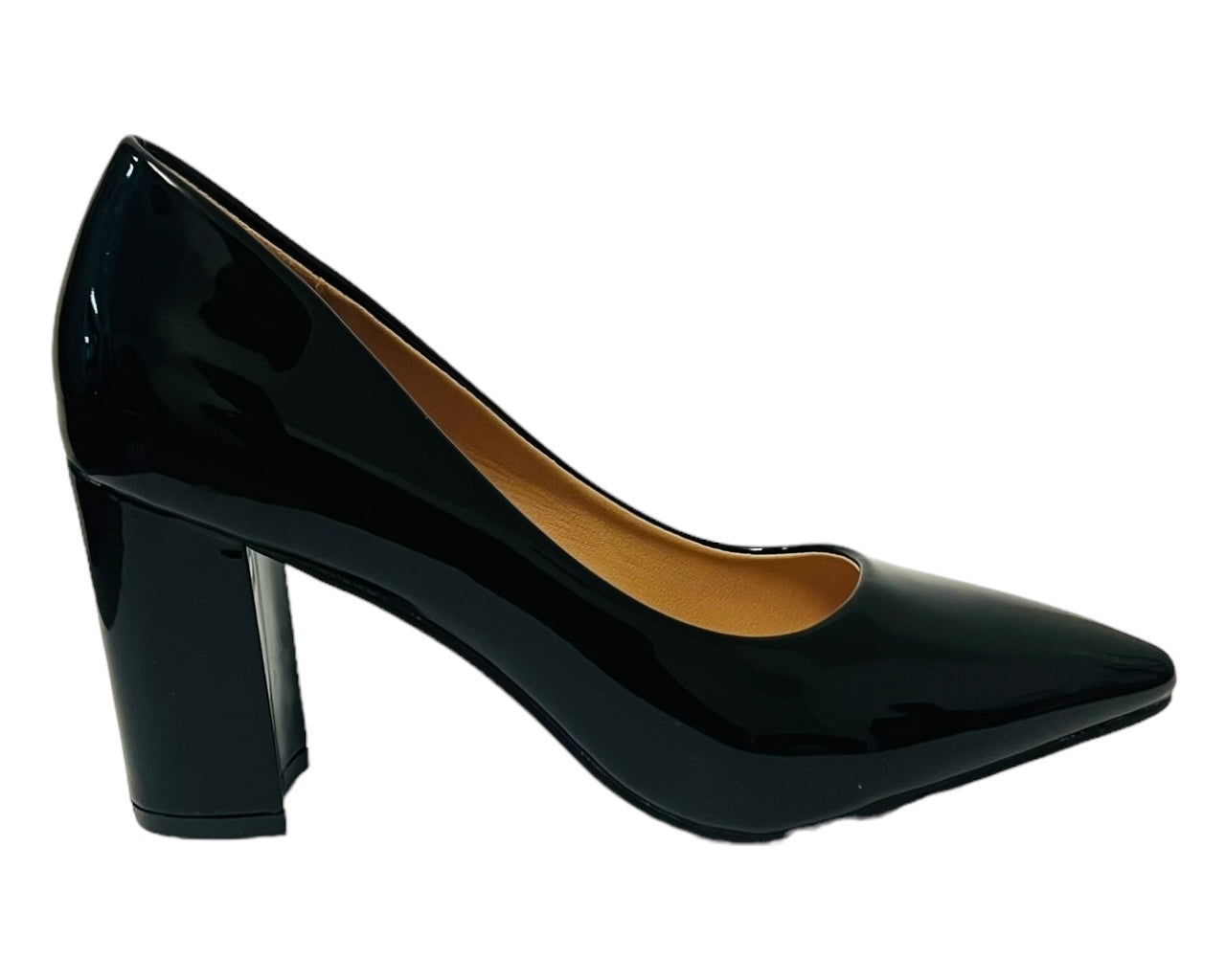 Block Heel Faux Patent Court Shoes