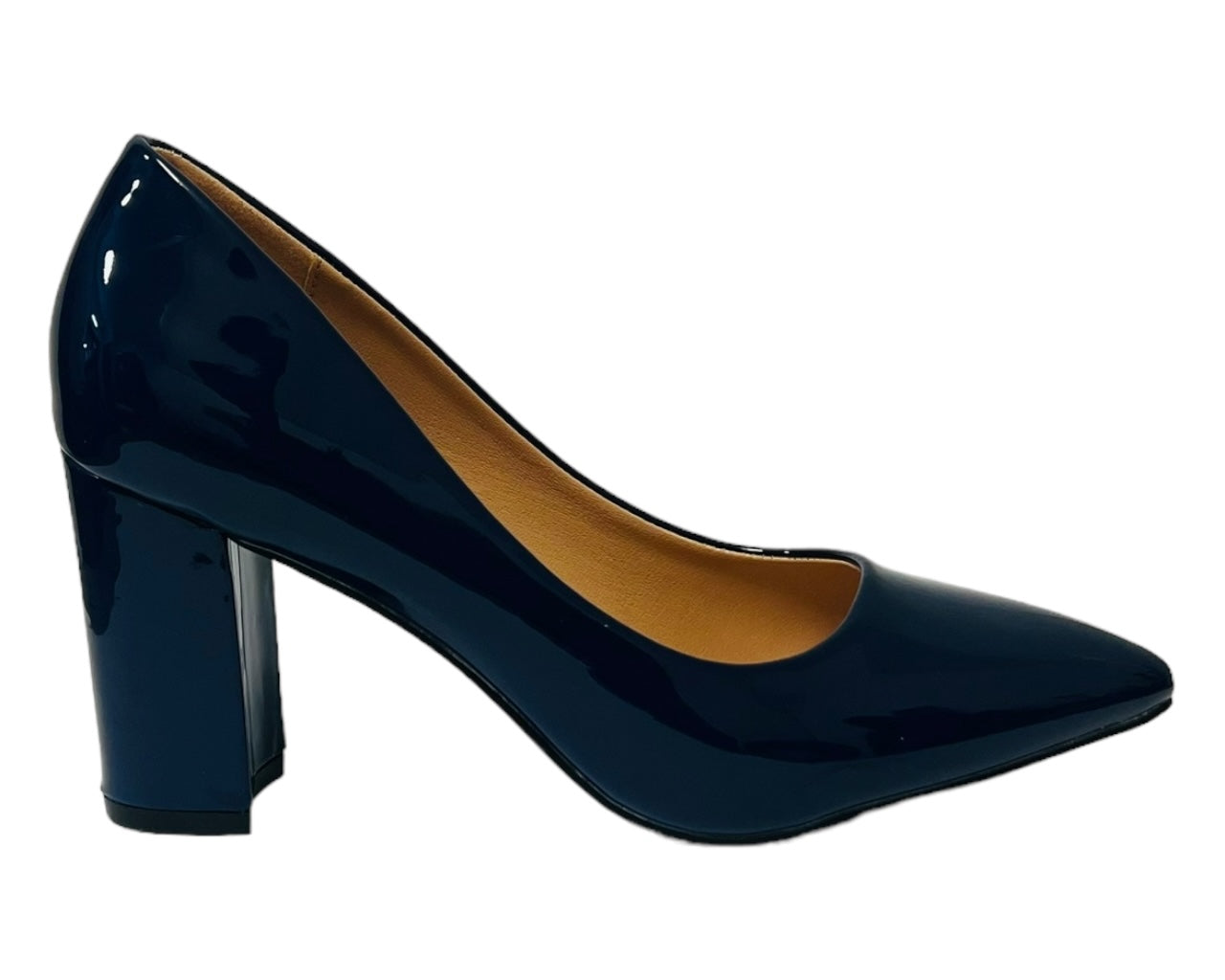 Block Heel Faux Patent Court Shoes