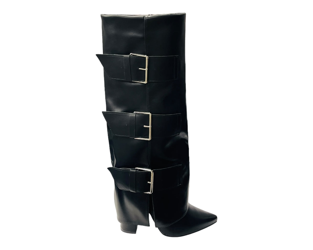 Faux Leather Buckle Strap Fold Over Boots