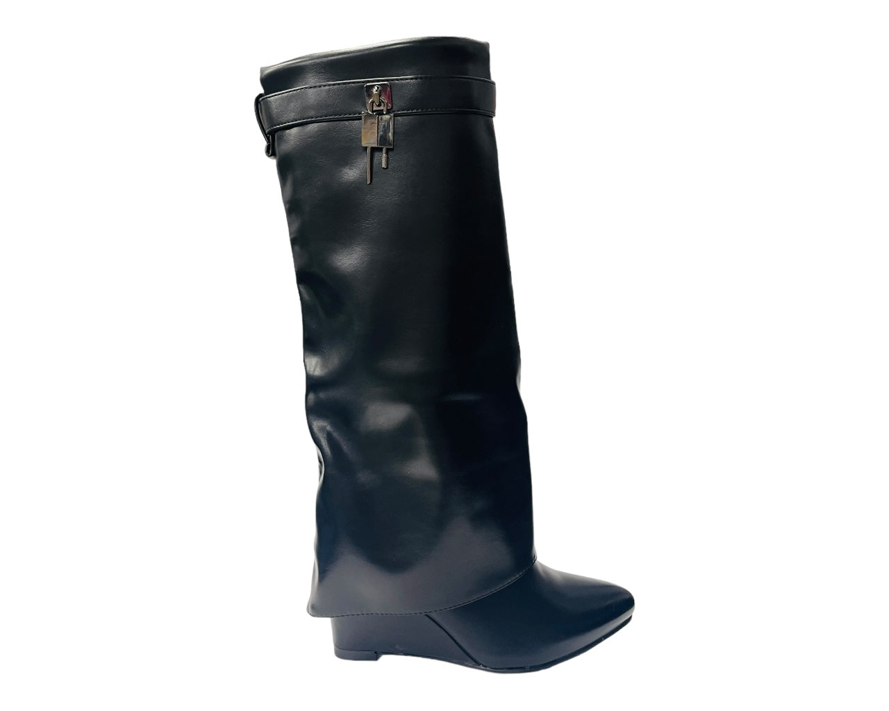 Faux Leather Fold Over Wedge Heel Boots