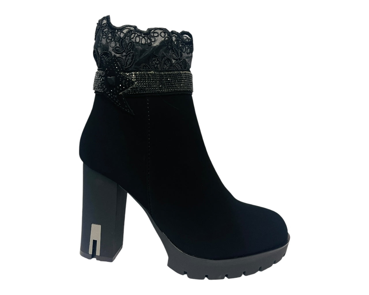 Block High Fabric Border Heels Zip Ankle Boots