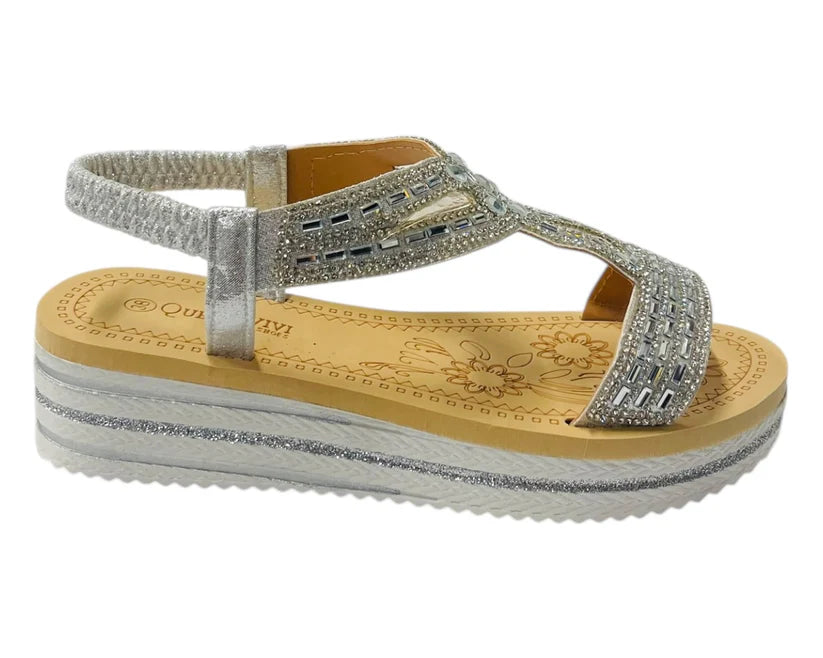 Women's Elastic Ankle Strap Diamante Wedge Sandals