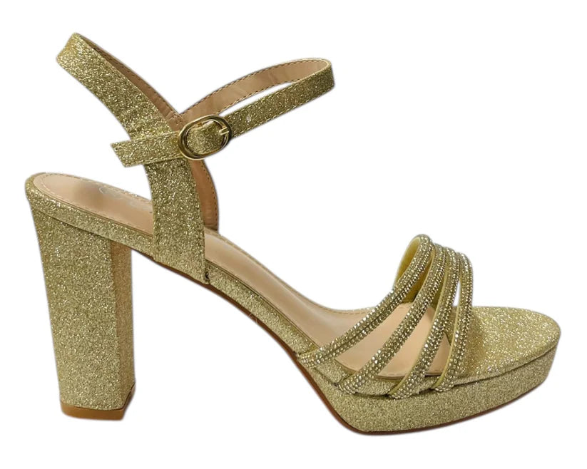 Diamante Block Heel Glitter Ankle Strap Shoes