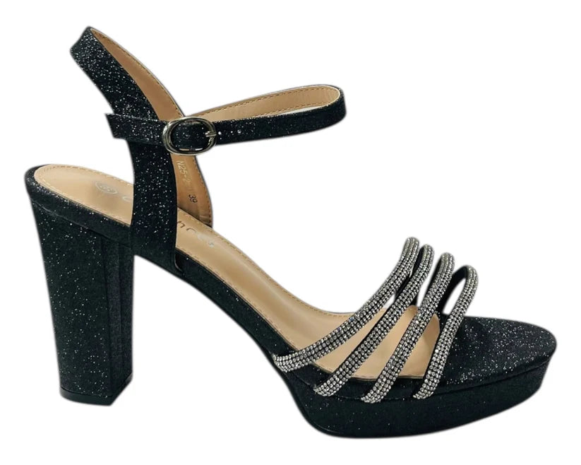 Diamante Block Heel Glitter Ankle Strap Shoes