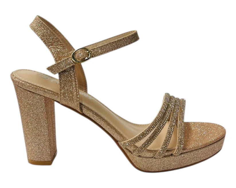 Diamante Block Heel Glitter Ankle Strap Shoes