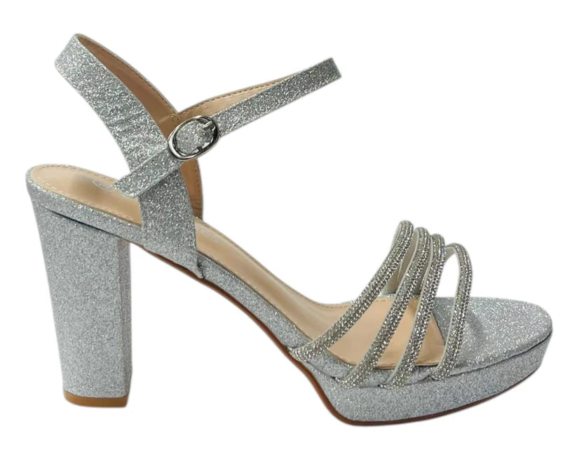 Diamante Block Heel Glitter Ankle Strap Shoes