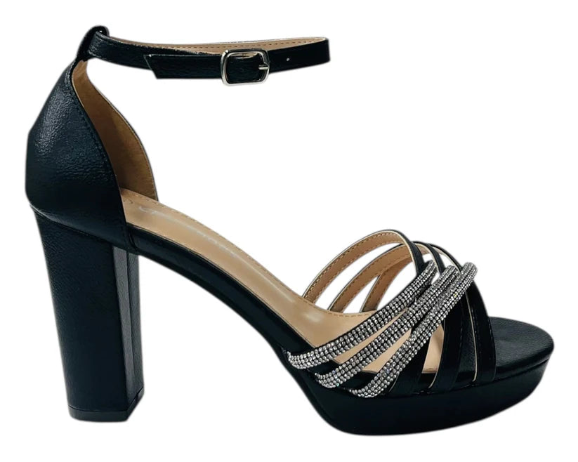 Diamante Block Heel Glitter Crossover Strap Shoes