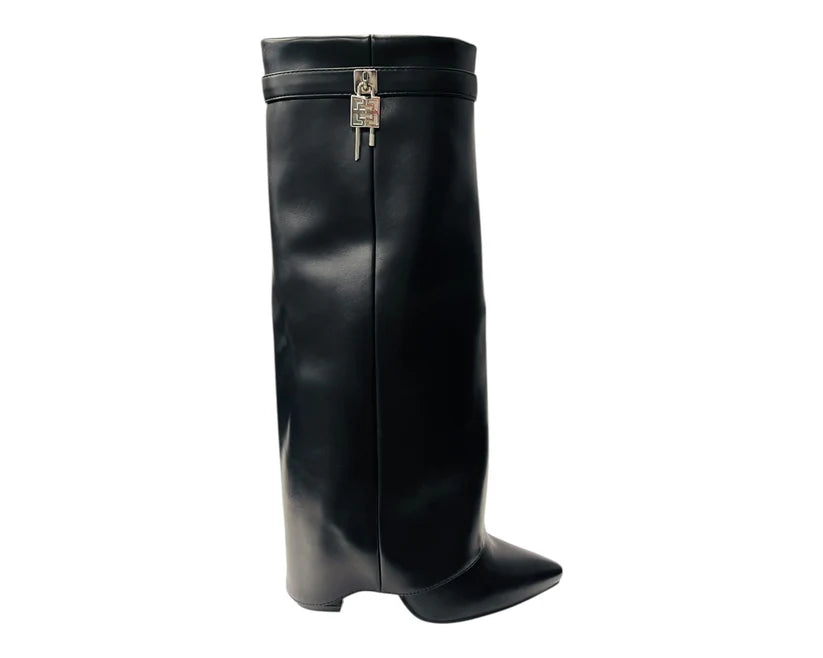 Fold-Over Knee-High Boots Featuring Padlock Accents and Block Heels