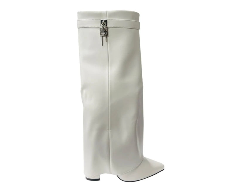 Fold-Over Knee-High Boots Featuring Padlock Accents and Block Heels
