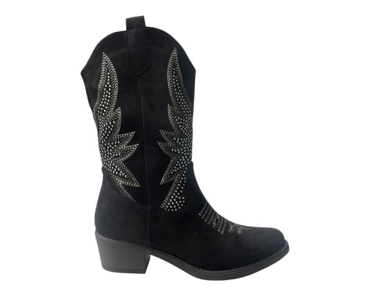 Embroidered faux suede cowboy-style ankle boots