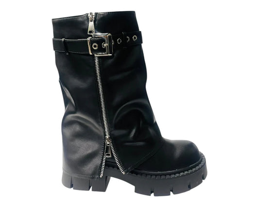 Mid-Calf Biker Boots with Chunky Soles, Zipper Closure, and Fold-Over Detail