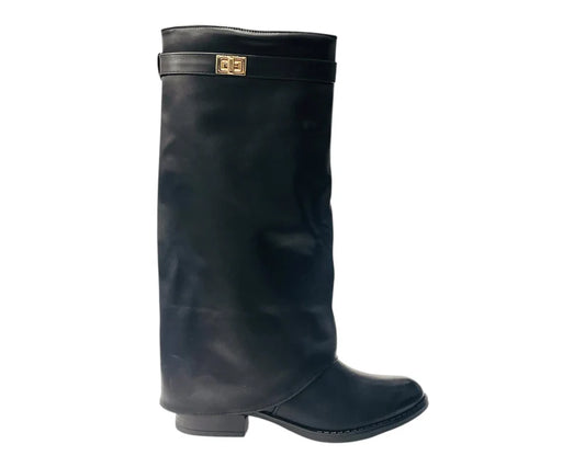 Knee-high faux leather boots with a fold-over design and flat sole