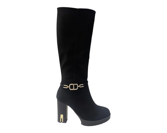 Stylish Diamante Knee-High Boots with Block Heels and Zip Closure