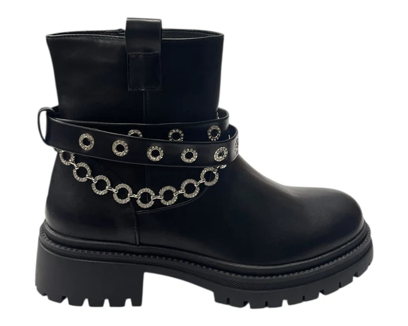 Zip-Up Faux Leather Boots with Chunky Sole and Sparkling Rhinestones