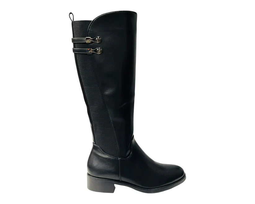 Elastic Panel Faux Leather Zip Knee High Boots