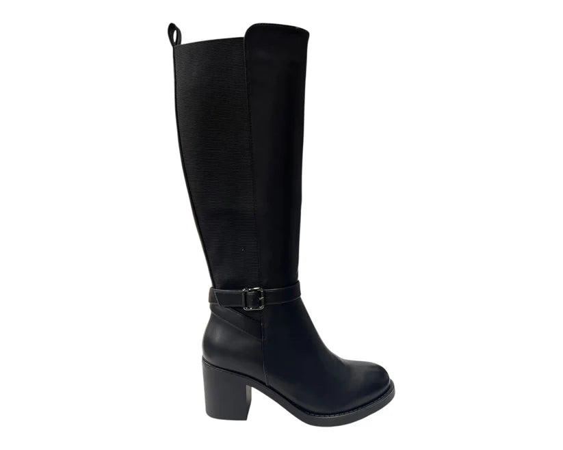 Stretch Panels Faux Leather Zip Knee High Boots