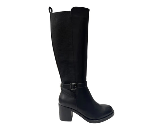 Stretch Panels Faux Leather Zip Knee High Boots
