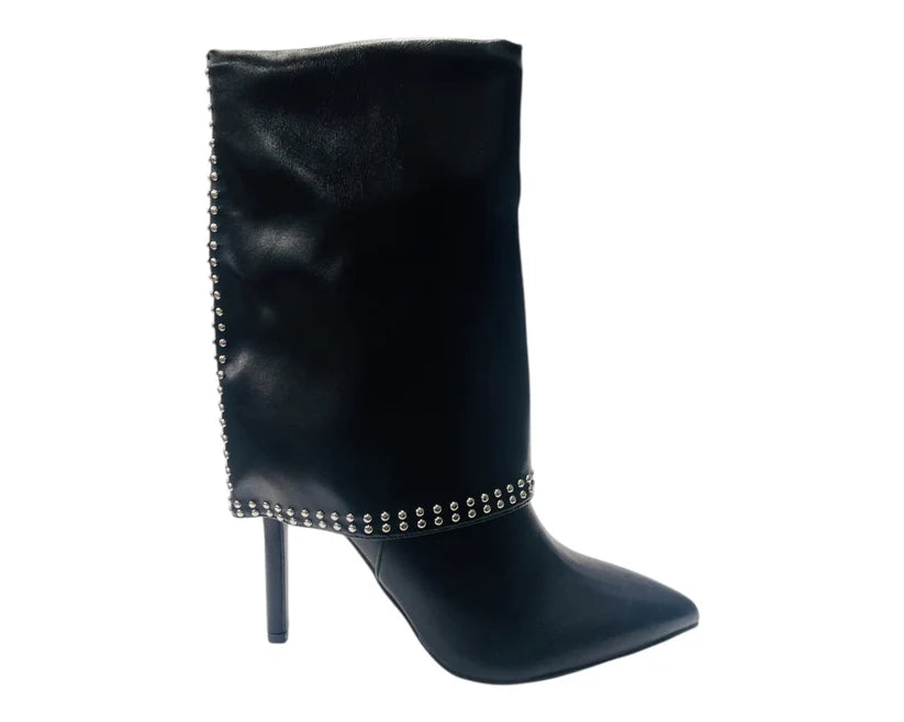 Mid Calf Pointed Toe Studded Fold Over Boots