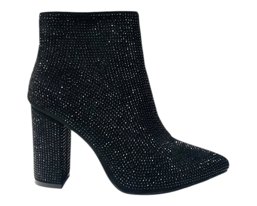 Pointed Toe Block Heel All Over Diamante Zip Ankle Boots
