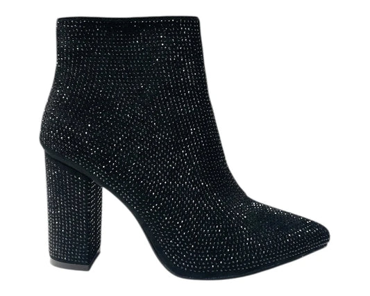 Pointed Toe Block Heel All Over Diamante Zip Ankle Boots