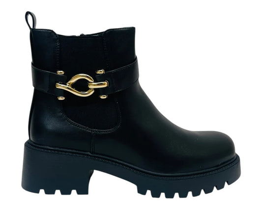 Chunky sole faux leather ankle boots with elastic panels and zip