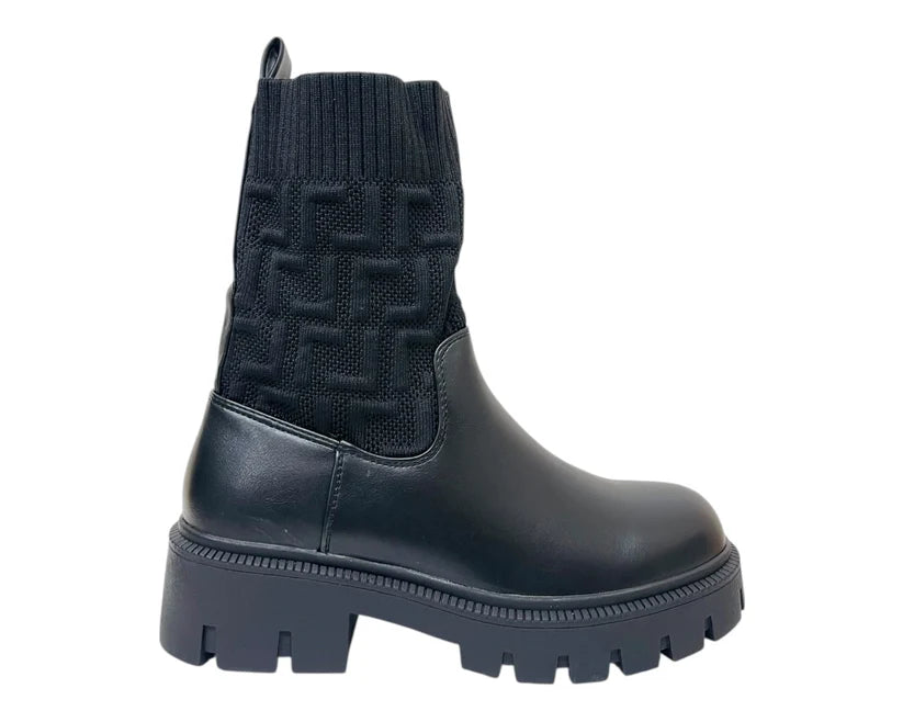 Chunky Sole Faux Leather Knit Ankle Boots