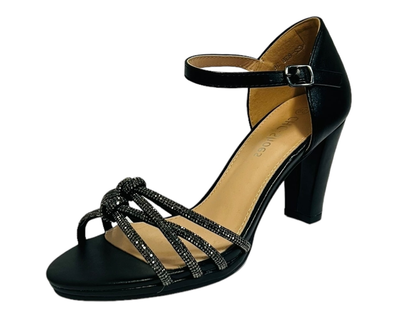 Cross Strap Glitter Block Heel Shoes