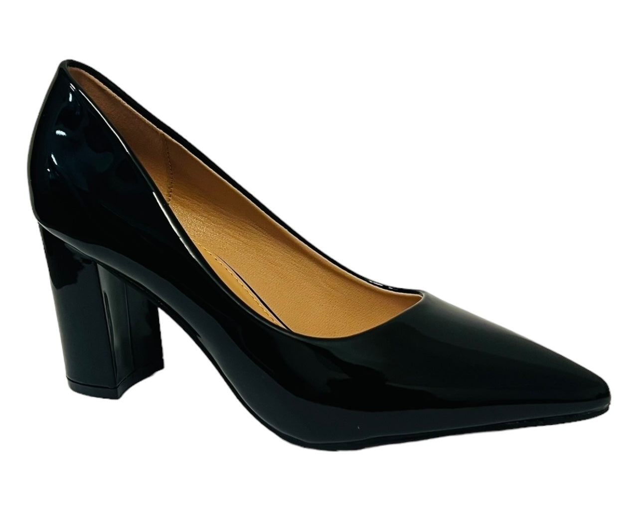 Block Heel Faux Patent Court Shoes