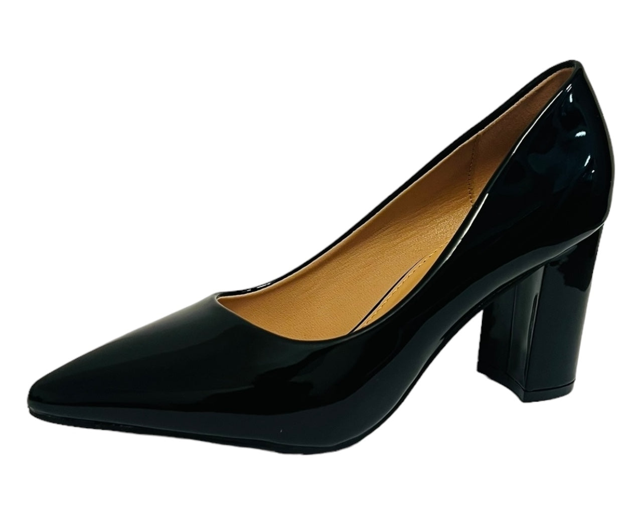 Block Heel Faux Patent Court Shoes
