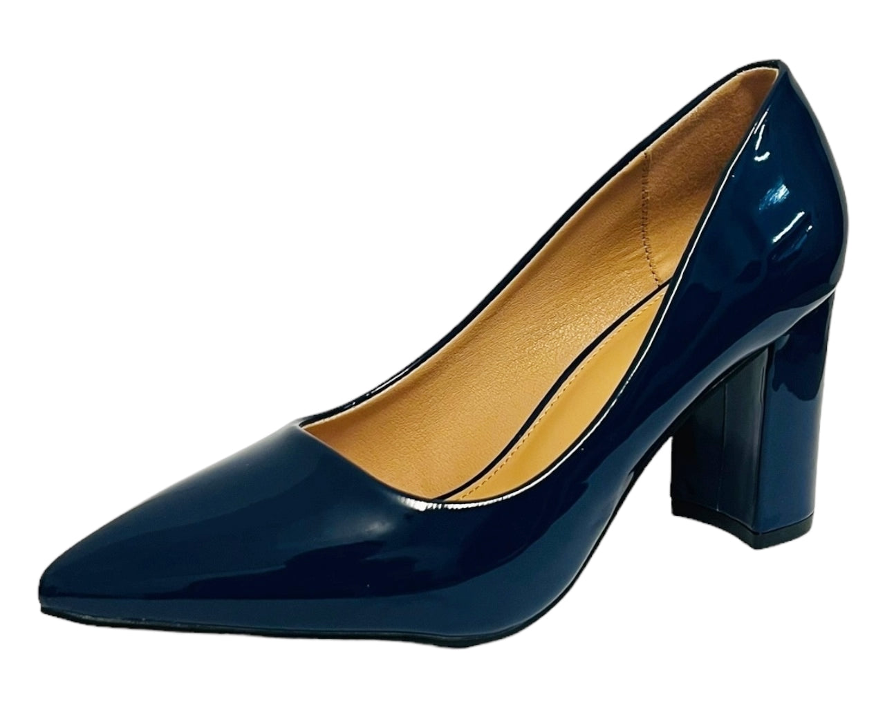 Block Heel Faux Patent Court Shoes